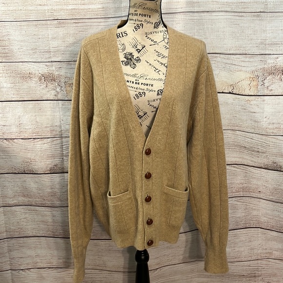 Vintage Sweaters - Vintage Lambswool Cardigan Sweater Grandpacore Lord & Taylor Size XL Camel